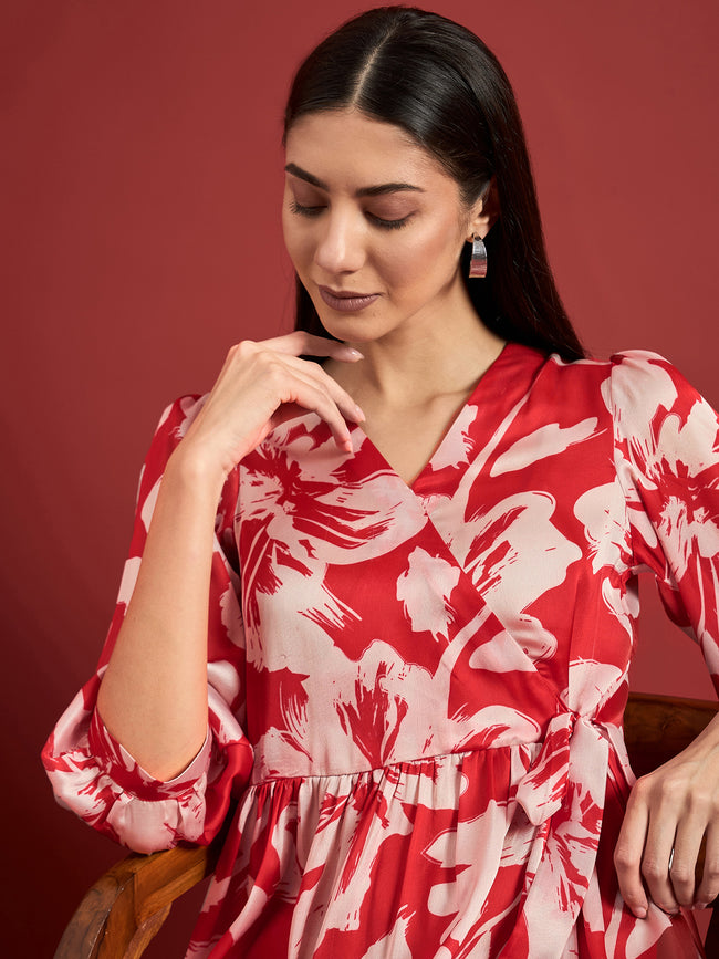 Red BLENDED Printed Puff Sleeves Floral Dress