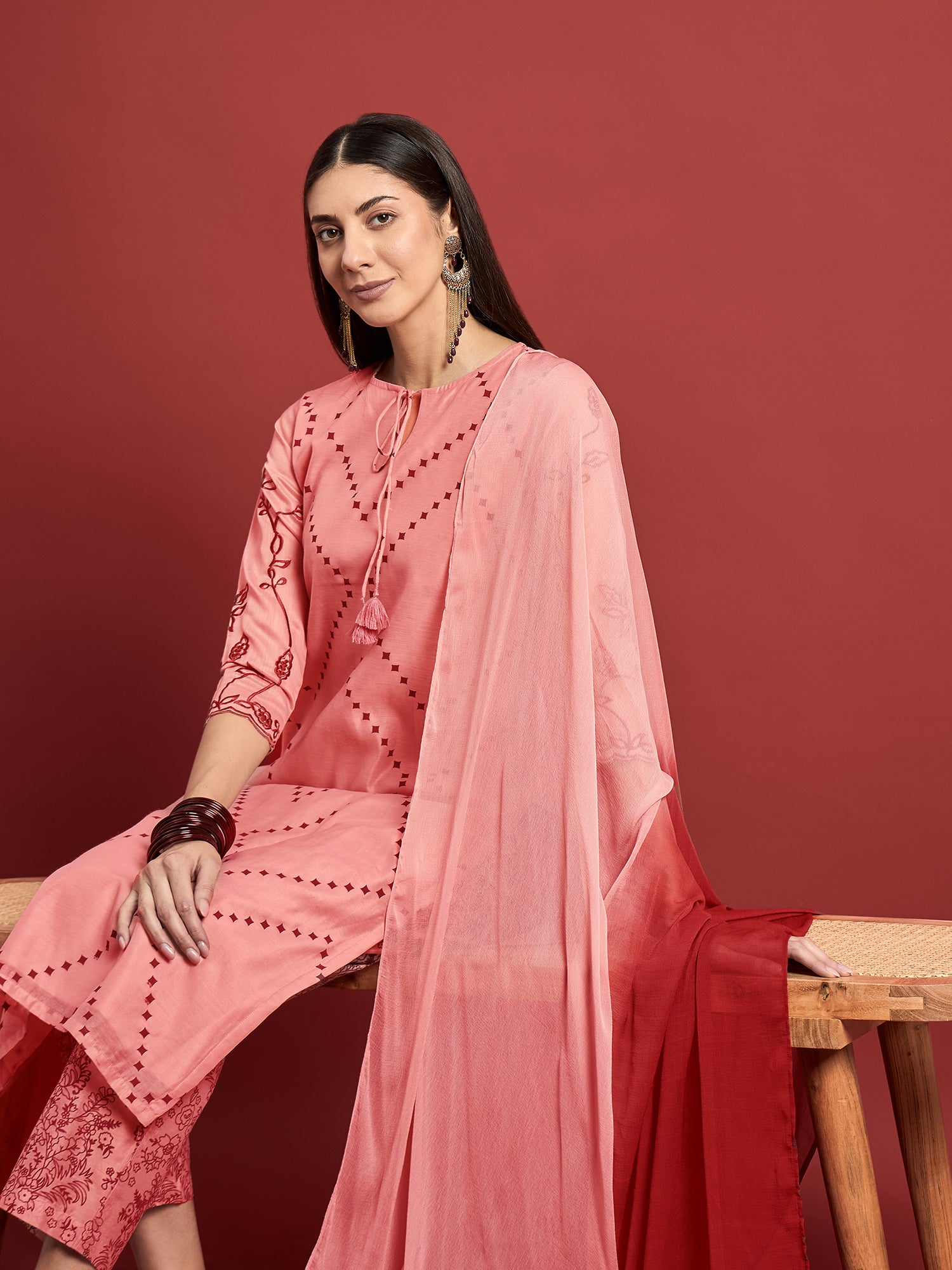 Peach  Silk Blend Printed A-Line Kurta  Trouser