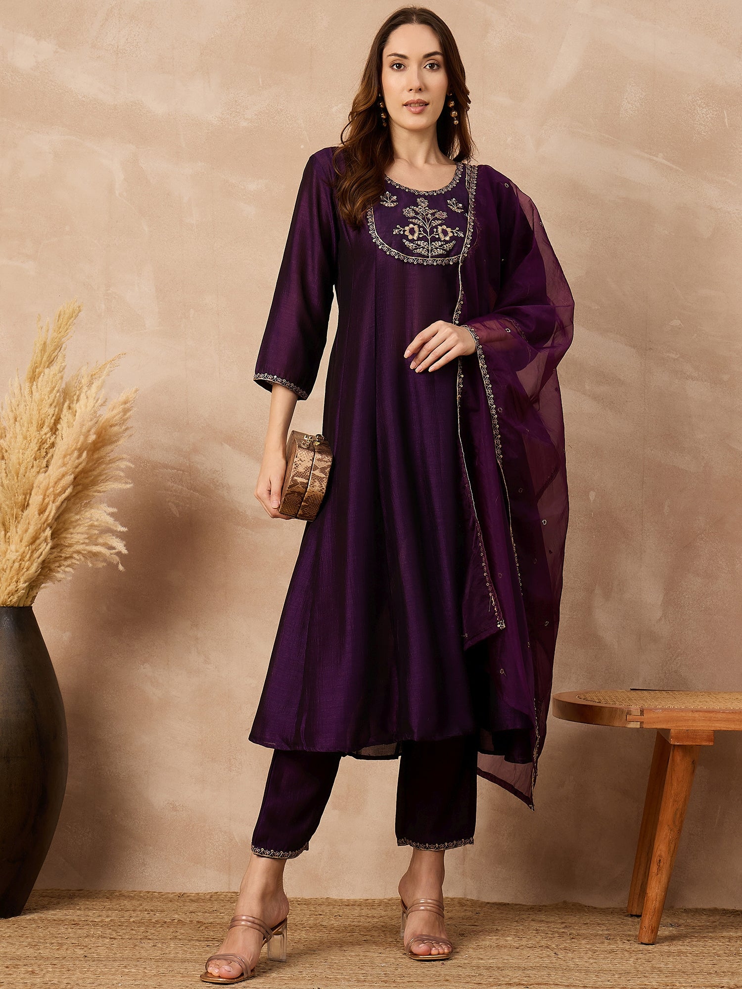 Purple  Silk Blend Embroideried A-Line Kurta Trouser
