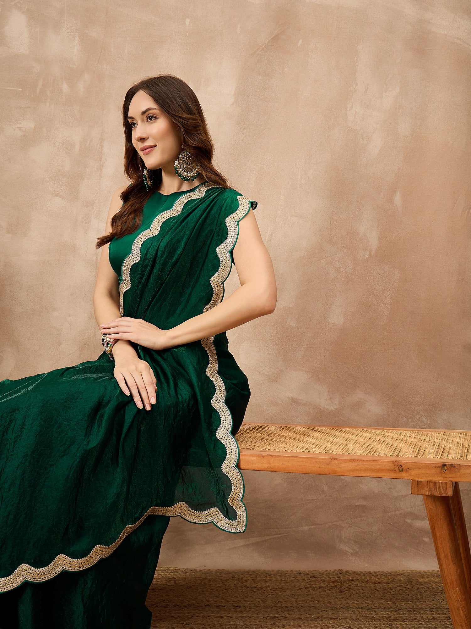 Green Organza Solid with Gota Lace Saree with Unstitched Blouse