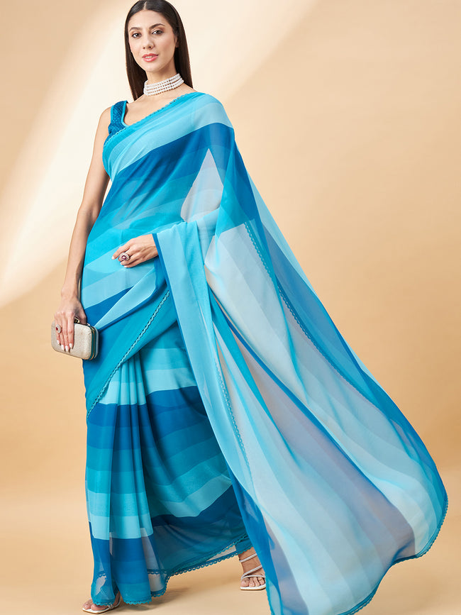Blue Georgette Printed with Embllished Lace Saree with Unstitched Fancy Blouse