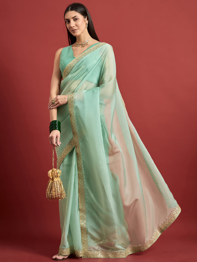 Green Organza Solid With Gotta Patti Border Saree with Unstitched Fancy Blouse