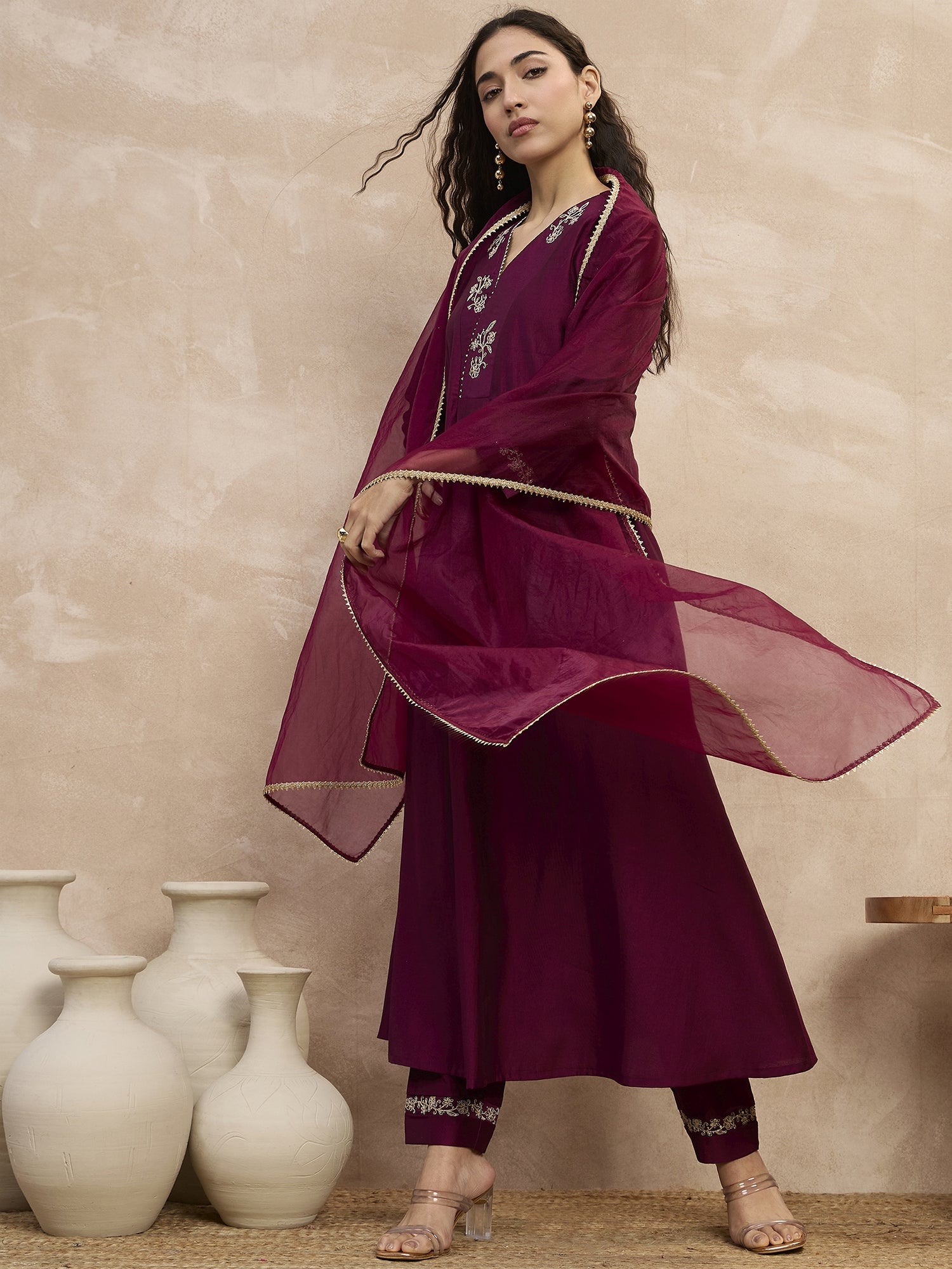 Wine  Chinon Embroideried A-Line Kurta Trouser