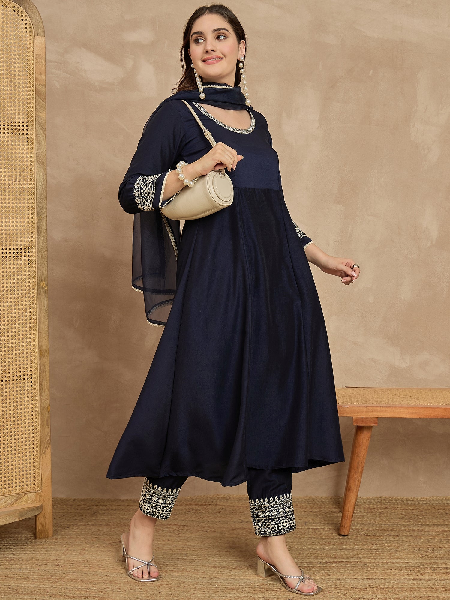 Blue  Chinon Embroideried A-Line Kurta Trouser