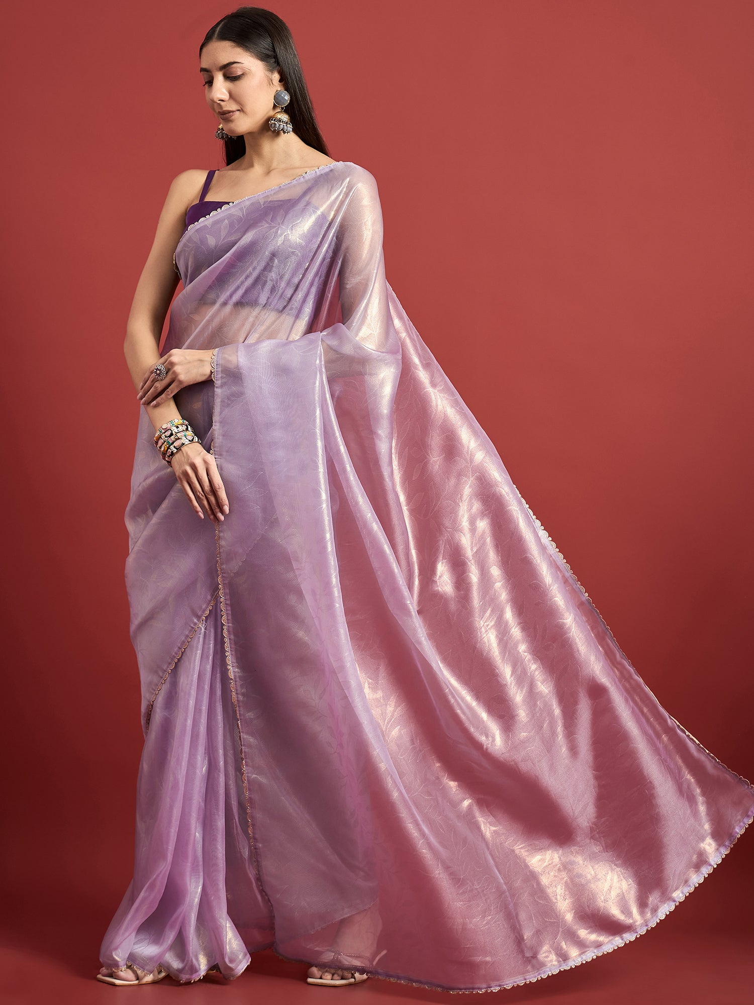 Lavender Organza Solid With Embellished Lace Saree with Unstitched Fancy Blouse