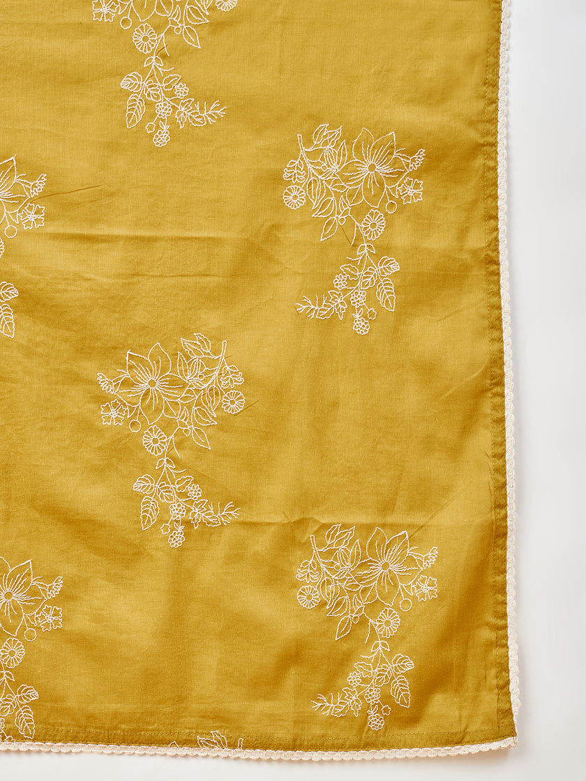 Mustard Pure Cotton Solid A-Line Kurta Trouser  With Dupatta