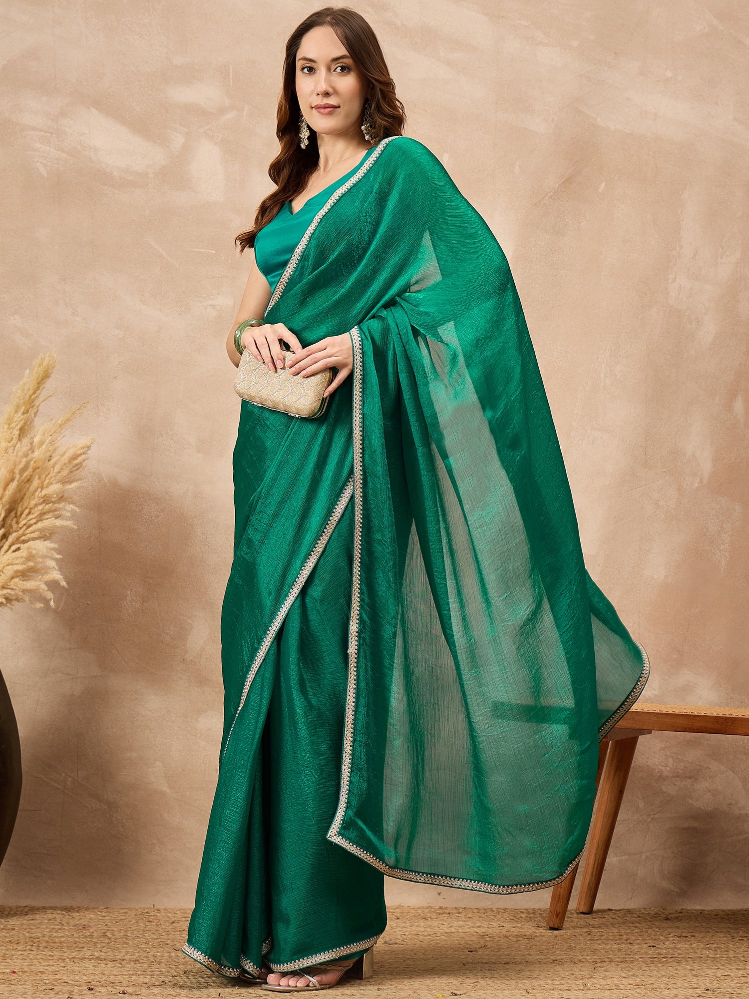 Rama Green Poly Chiffon Solid with Coding Border Saree with Unstitched Blouse