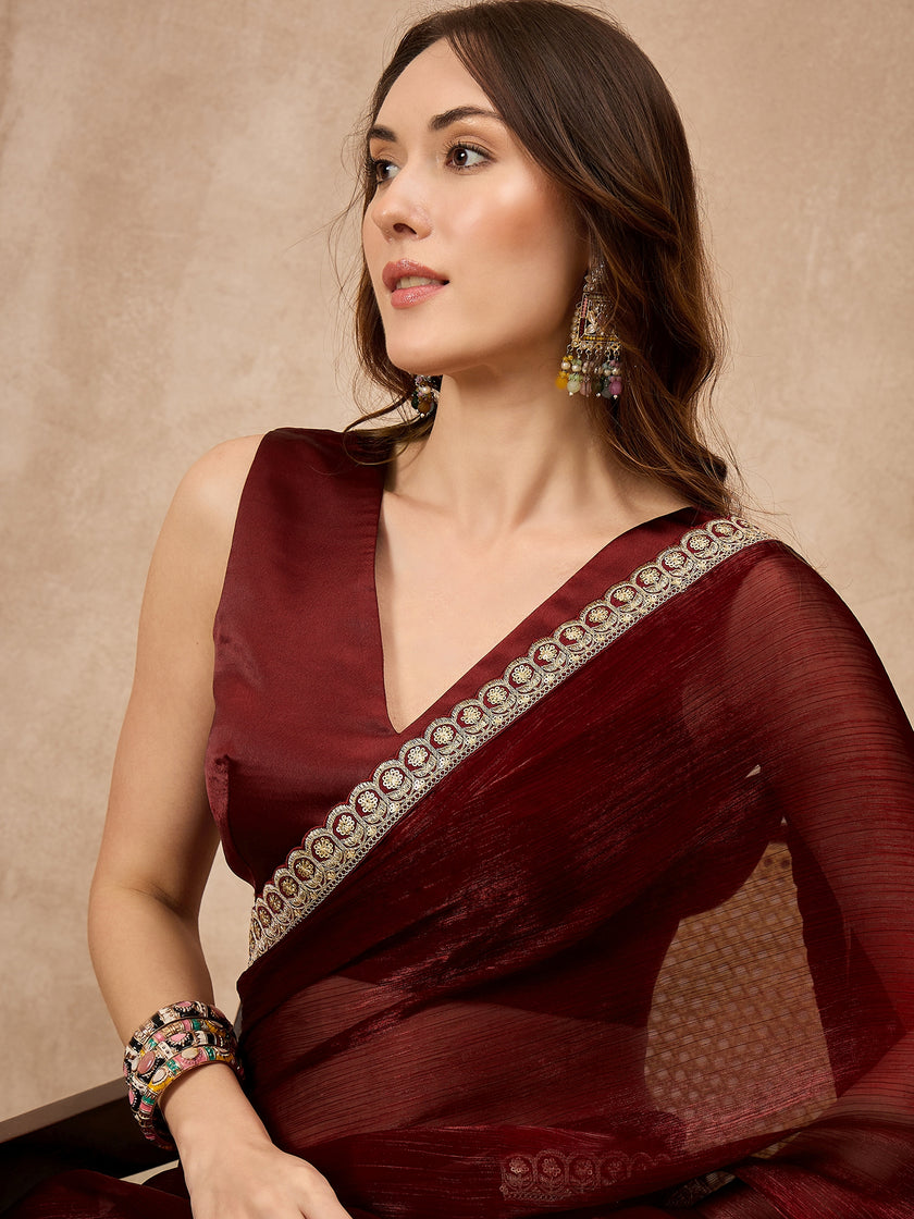 Maroon Satin Solid with Coding Border Saree with Unstitched Blouse