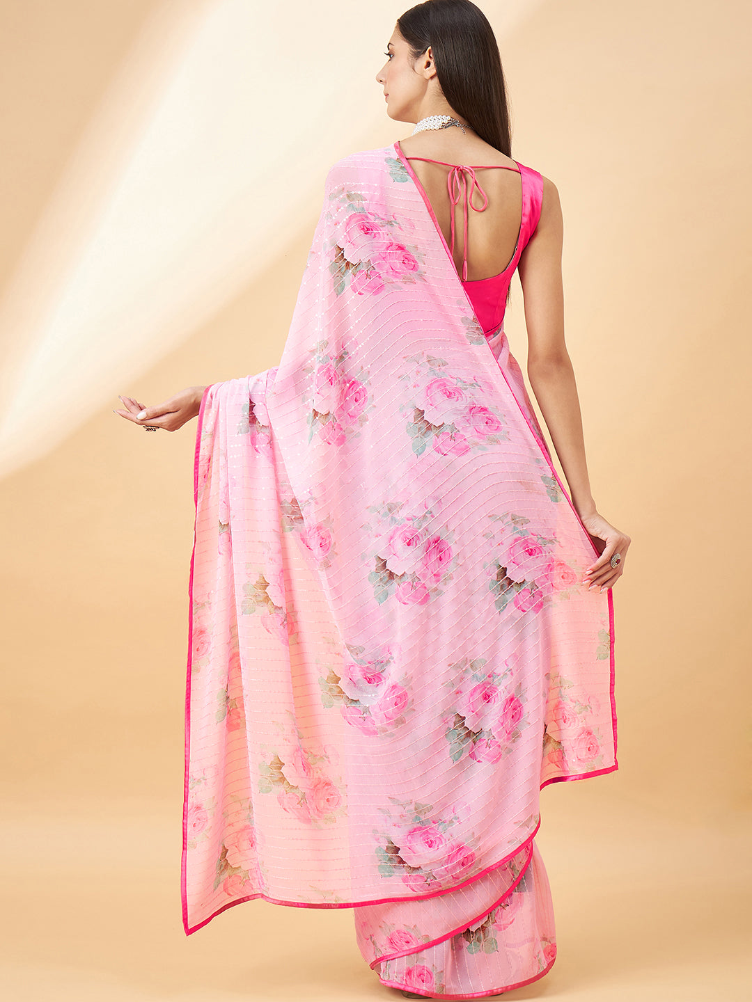 Light Pink Georgette Digital Floral Print With Embellished Lace Saree with Unstitched Fancy Blouse
