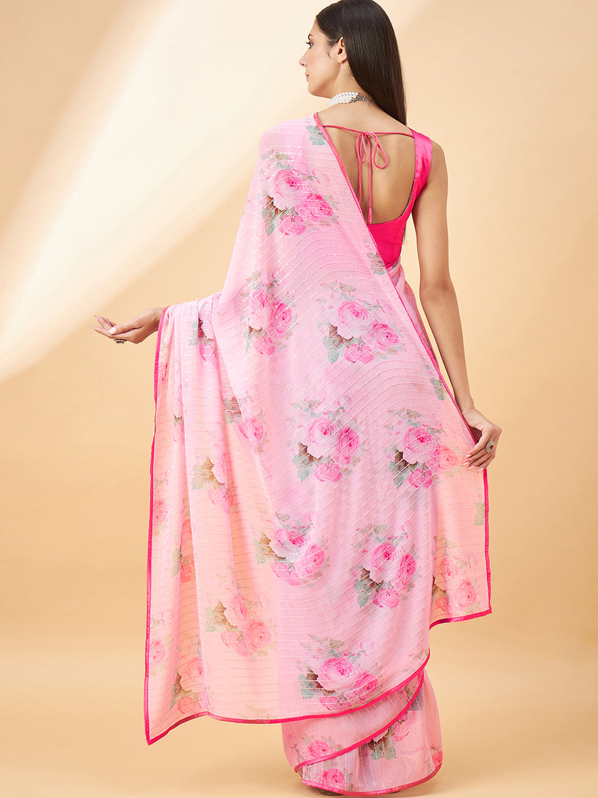 Light Pink Georgette Digital Floral Print With Embellished Lace Saree with Unstitched Fancy Blouse