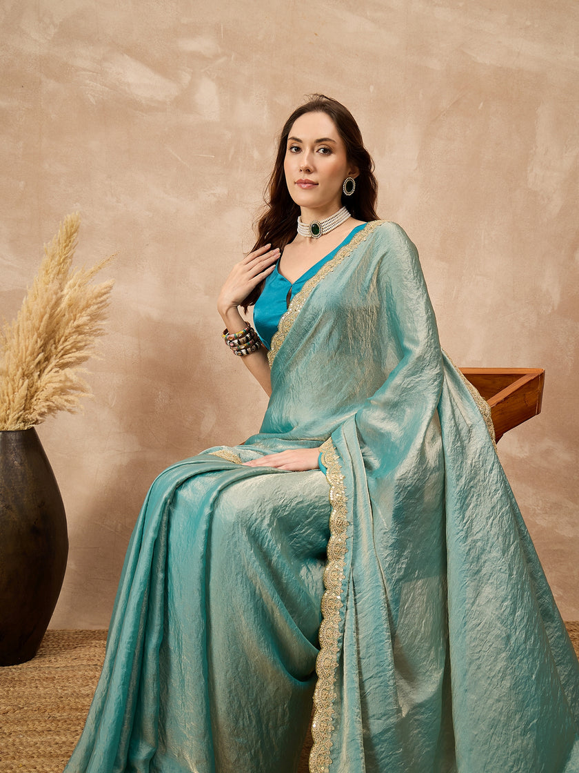 Blue Organza Solid with Gota Lace Saree with Unstitched Blouse