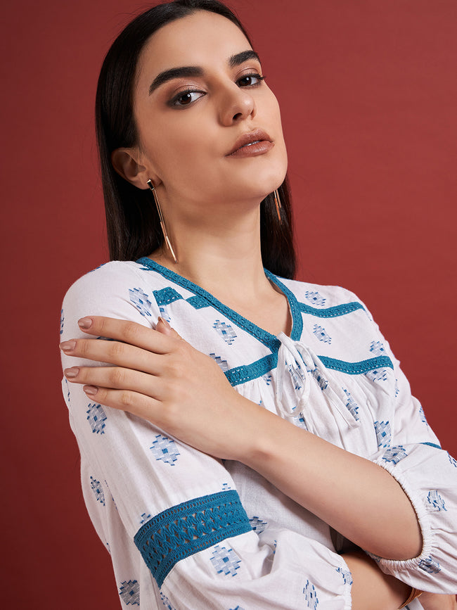 White Pure Cotton Embroidered Tie-Ups Puff Sleeves Indigo Tops