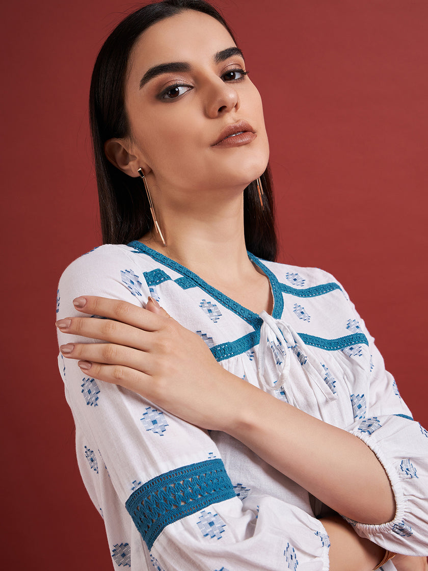 White Pure Cotton Embroidered Tie-Ups Puff Sleeves Indigo Tops