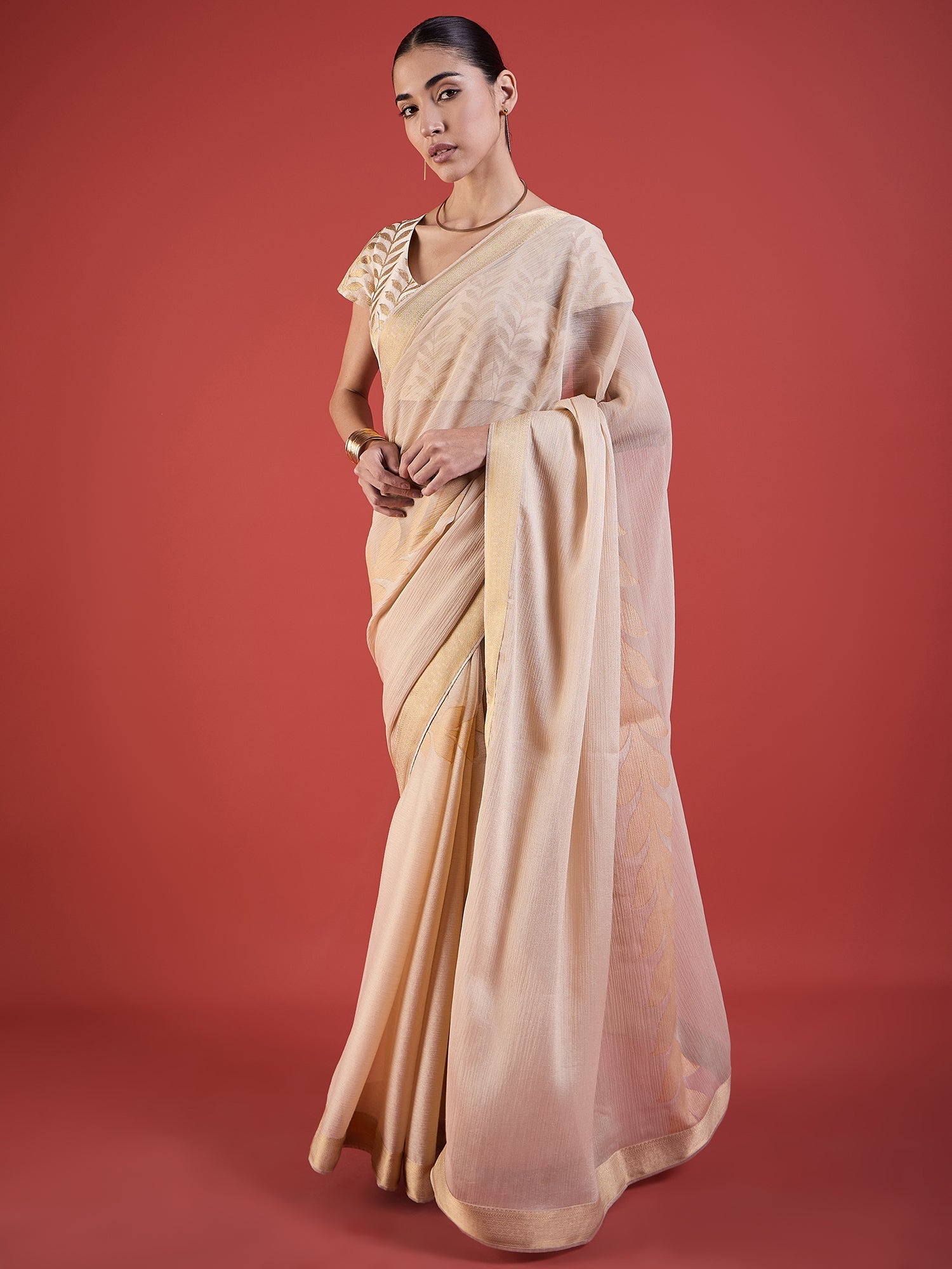 Beige Pure Chiffon Printed with Readyamde Lace Saree with Unstitched Fancy Blouse