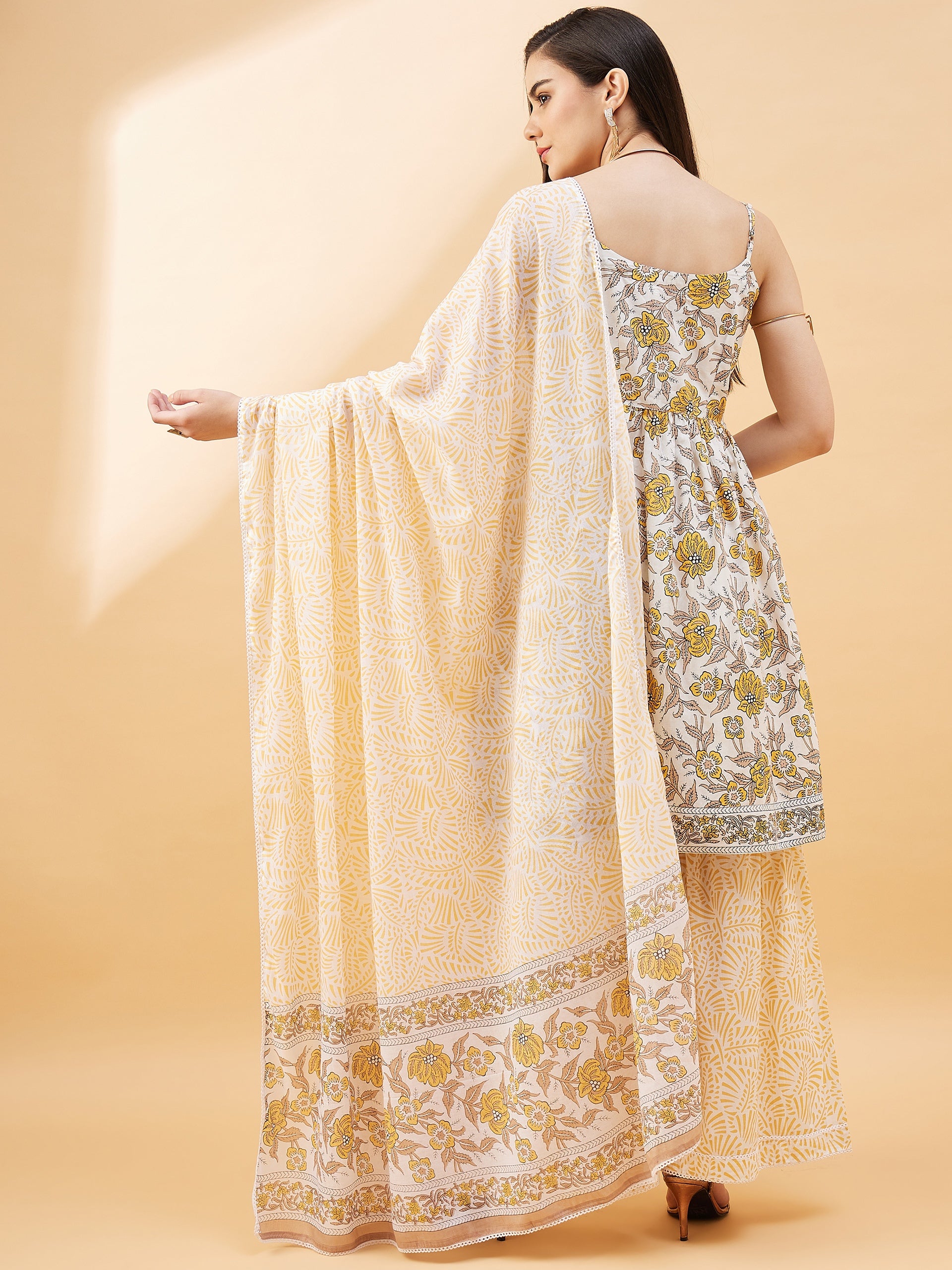 Mustard Pure Cotton Printed Peplum Kurta Palazzo