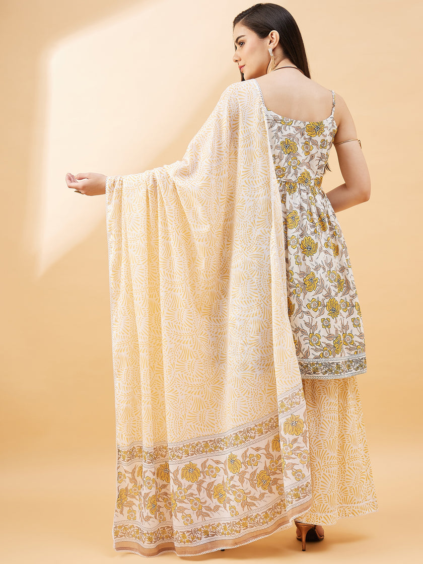 Mustard Pure Cotton Printed Peplum Kurta Palazzo