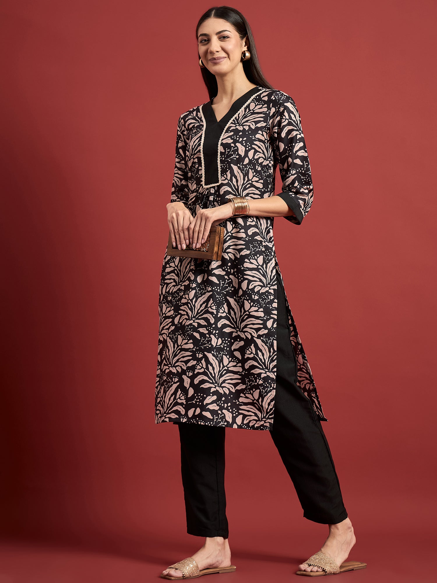 Black  Polyester Printed A-Line Kurta  Palazzo