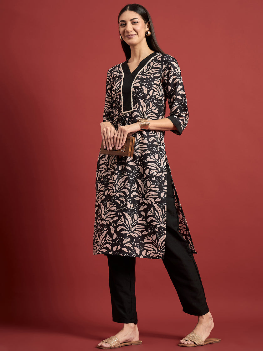 Black  Polyester Printed A-Line Kurta  Palazzo