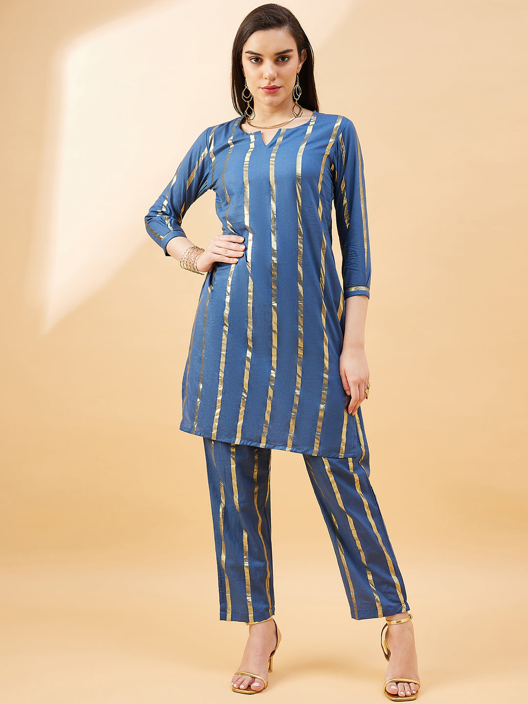 Blue  Cotton Blend Solid A-Line Kurta  Trouser