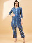 Blue  Cotton Blend Solid A-Line Kurta  Trouser
