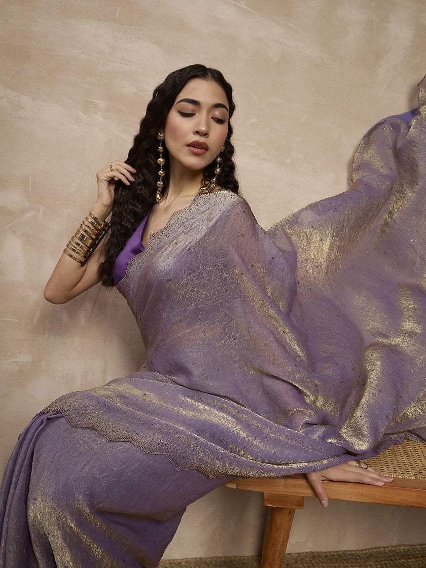Lavender Satin All Over Stone Work With Stone Work Border Saree with Unstitched Blouse