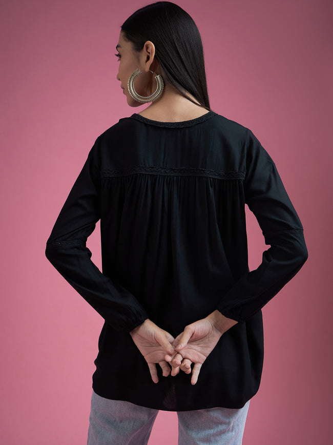 Black Cotton Blend Embroidered Tie-Ups Regular Sleeves Schiffli Tops
