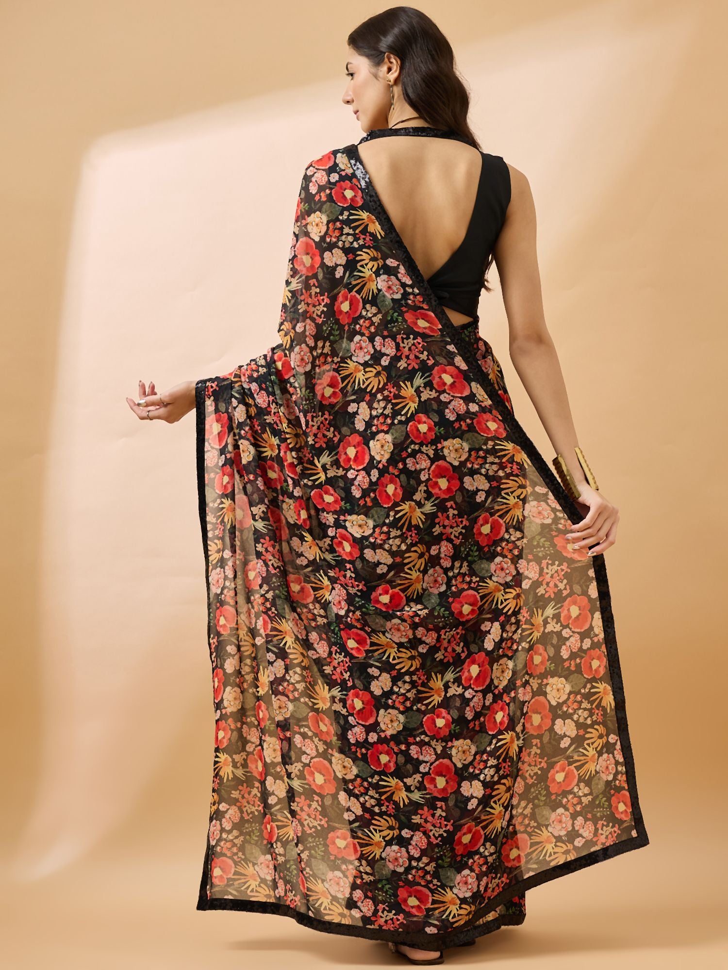 Black Georgette Floral Print with Embellished Lace Saree with Unstitched Fancy Blouse