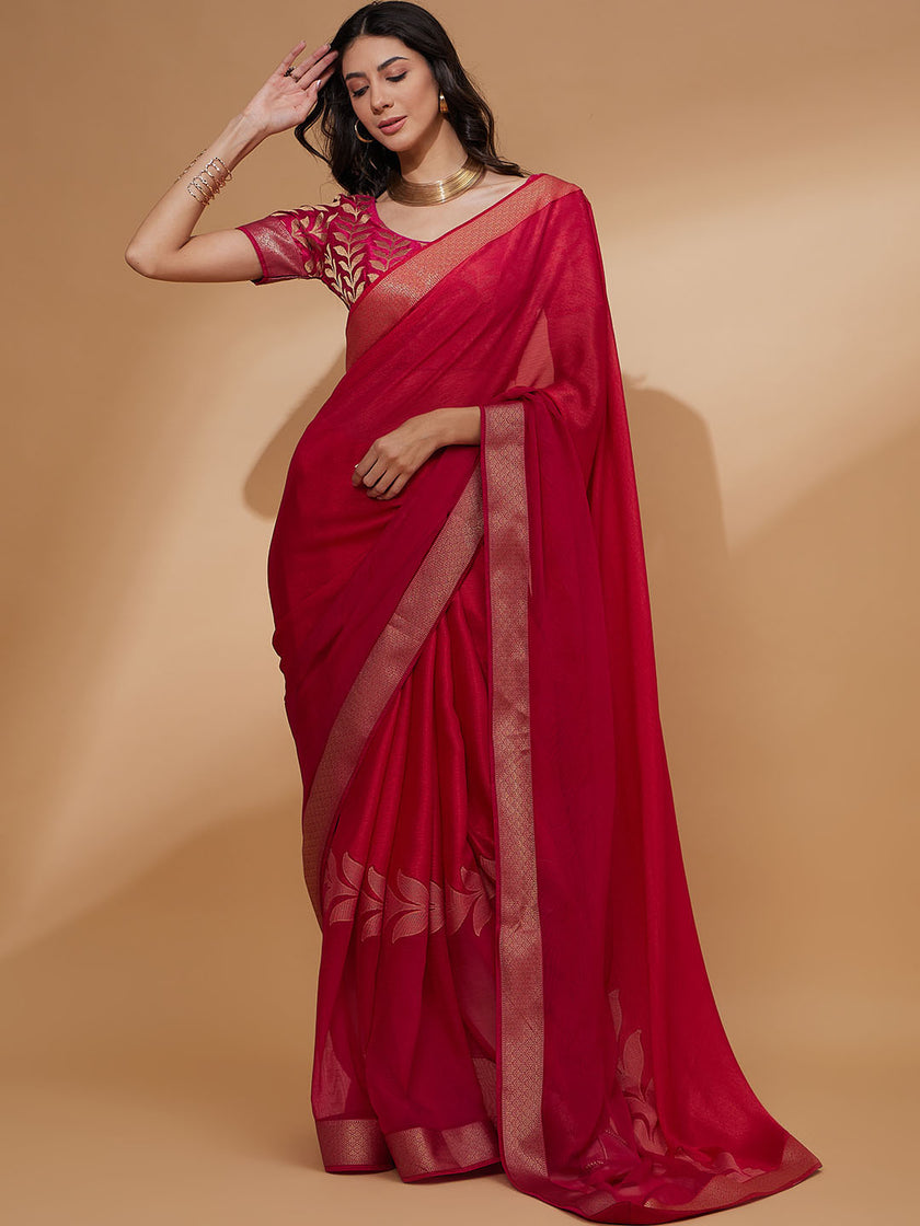 Pink Pure Chiffon Printed With Readymade Lace Saree with Unstitched Fancy Blouse