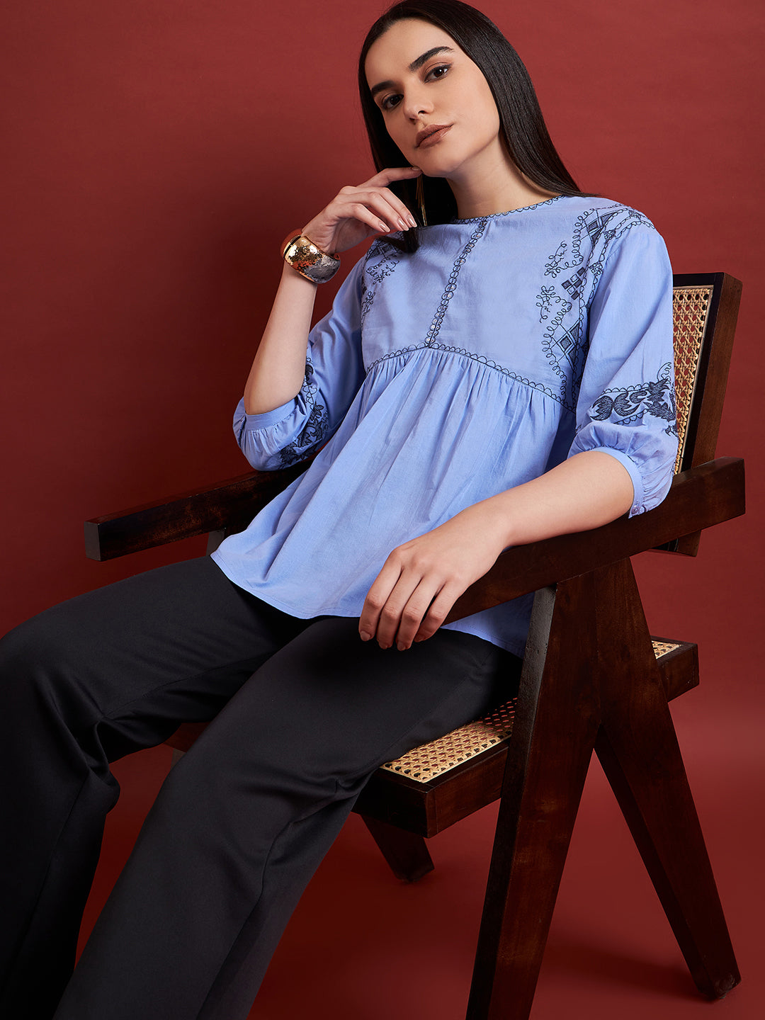 Blue Pure Cotton Embroidered Gathered or Pleated Puff Sleeves Floral Print Tops