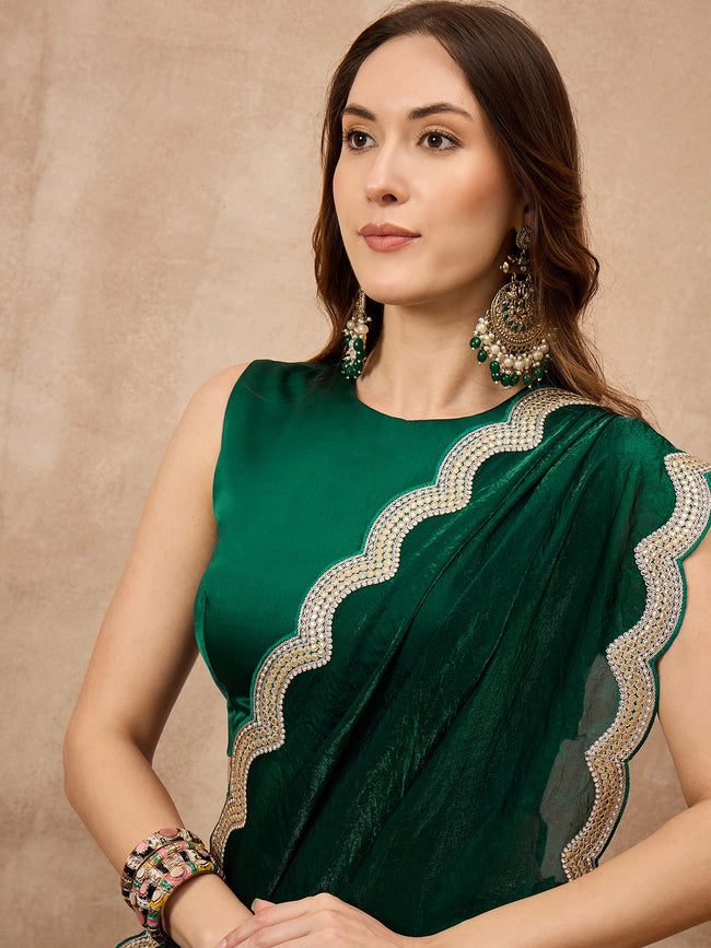 Green Organza Solid with Gota Lace Saree with Unstitched Blouse