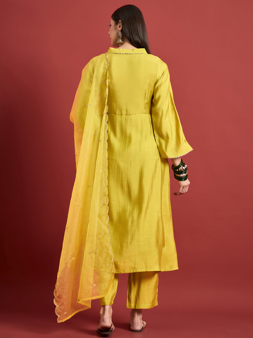 Lime Green  Art Silk Embroideried A-Line Kurta  Trouser