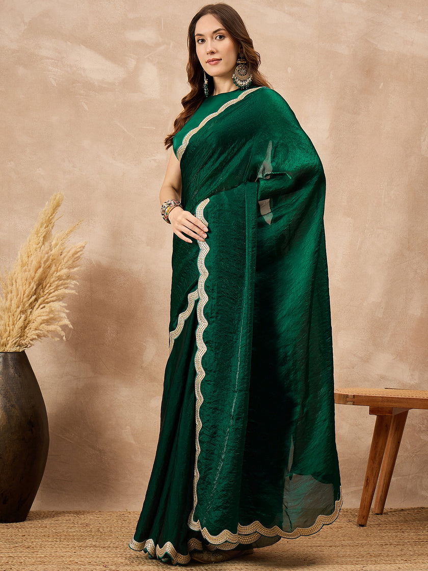 Green Organza Solid with Gota Lace Saree with Unstitched Blouse
