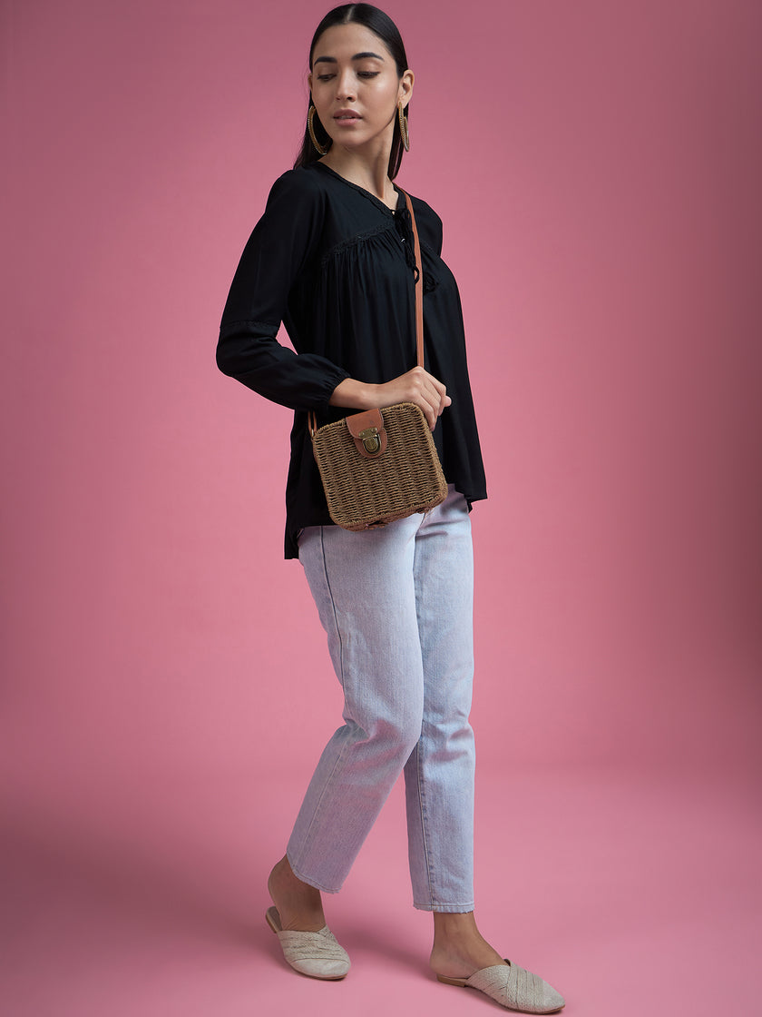 Black Cotton Blend Embroidered Tie-Ups Regular Sleeves Schiffli Tops