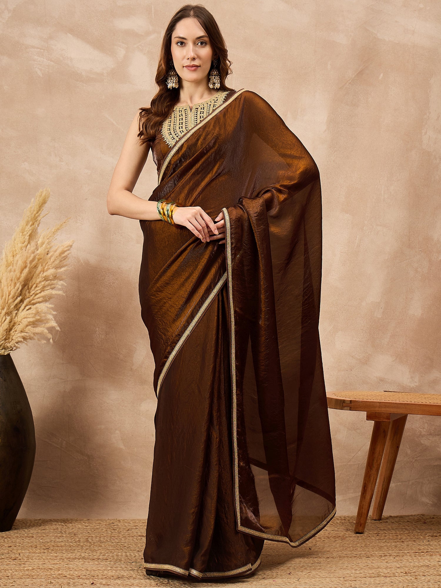 Brown Organza Solid with Coding Lace Saree with Unstitched Blouse