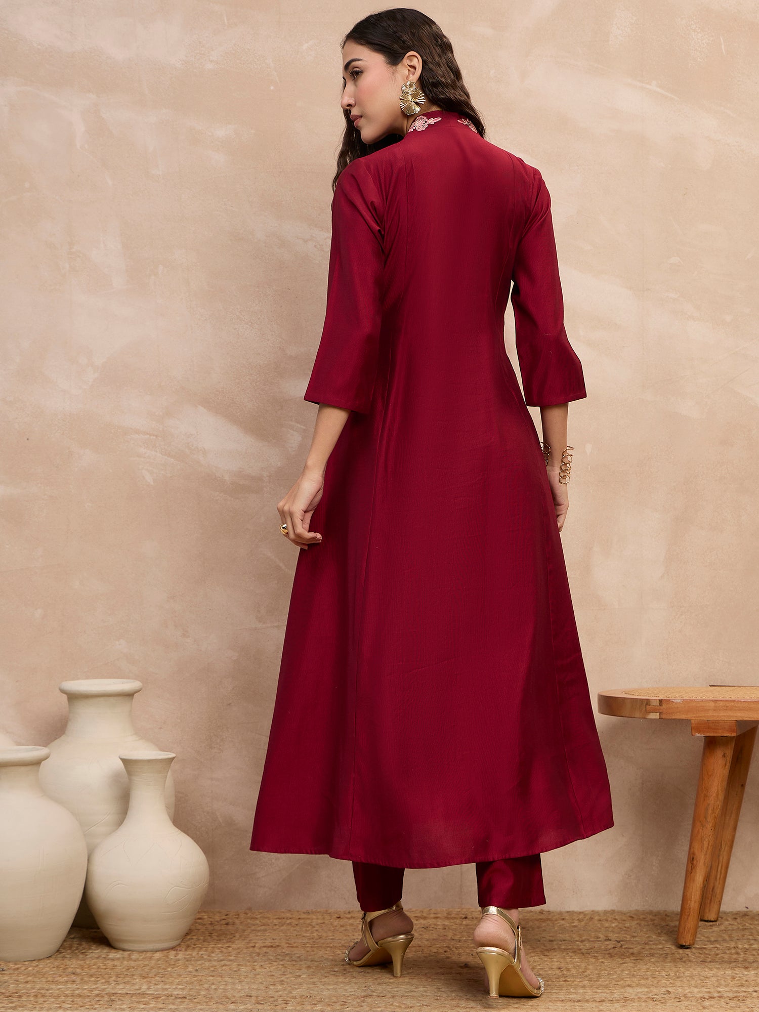 Maroon  Chinon Embroideried A-Line Kurta Trouser