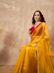 Yellow Organza Solid with Embellished Cut Work Border Saree with Unstitched Blouse