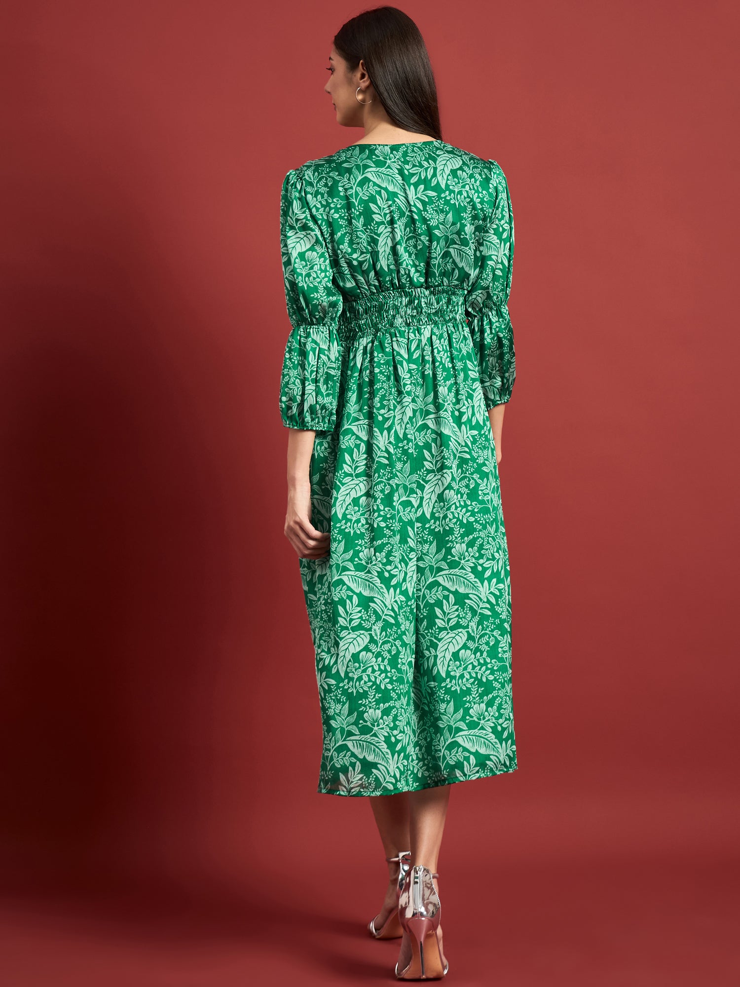 Green Polyester Printed Puff Sleeves Floral Dress