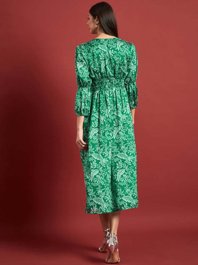 Green Polyester Printed Puff Sleeves Floral Dress