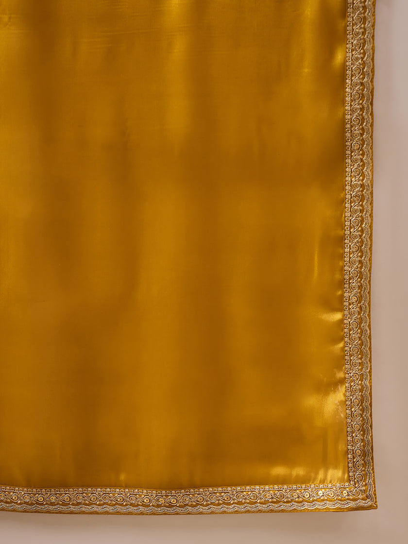 Mustard Satin Solid With Embroidered Border Saree with Unstitched Blouse