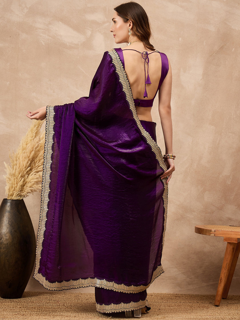 Purple Satin Solid with Coding Cut Work Border Saree with Unstitched Blouse