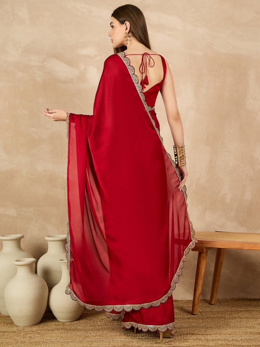 Red  Satin Solid With Embellished Lace Saree with Unstitched Fancy Blouse