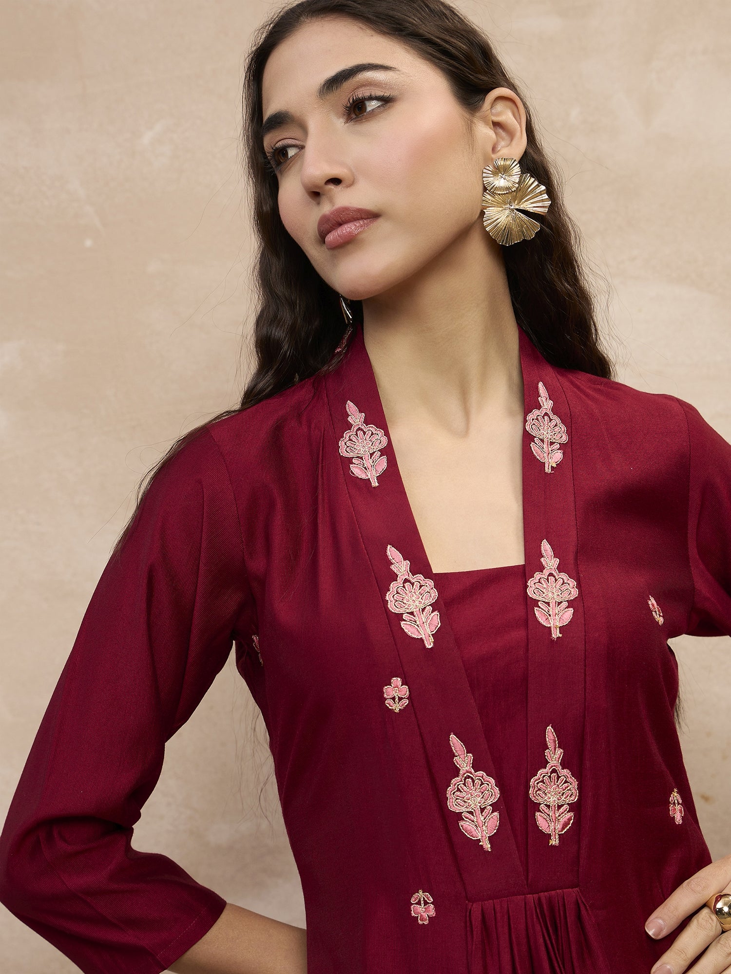 Maroon  Chinon Embroideried A-Line Kurta Trouser
