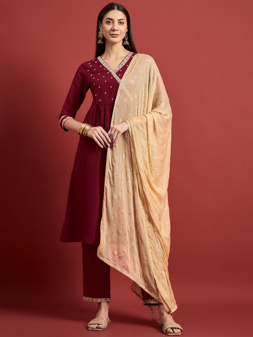 Maroon Embroideried Anarkali Kurta  Trouser