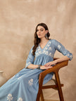 Light Blue  Cotton Blend Embroideried A-Line Kurta Trouser