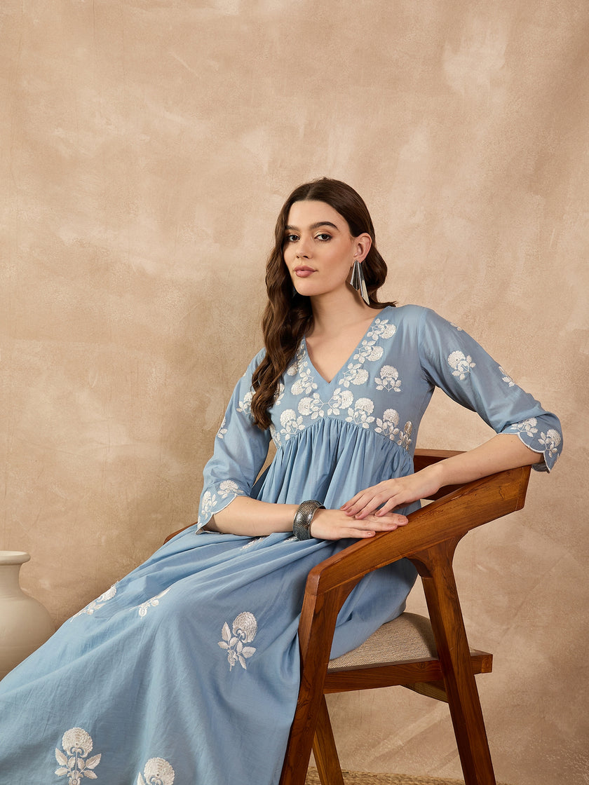 Light Blue  Cotton Blend Embroideried A-Line Kurta Trouser