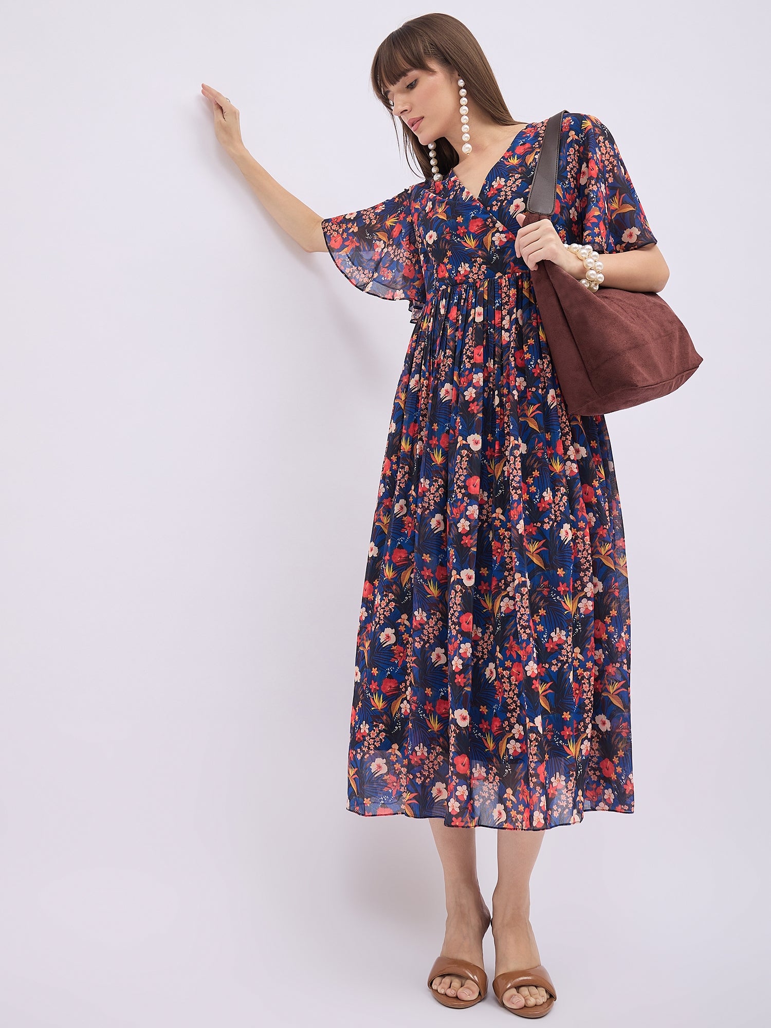 Blue Polyester Printed Flared Sleeves Floral Dress