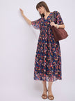 Blue Polyester Printed Flared Sleeves Floral Dress