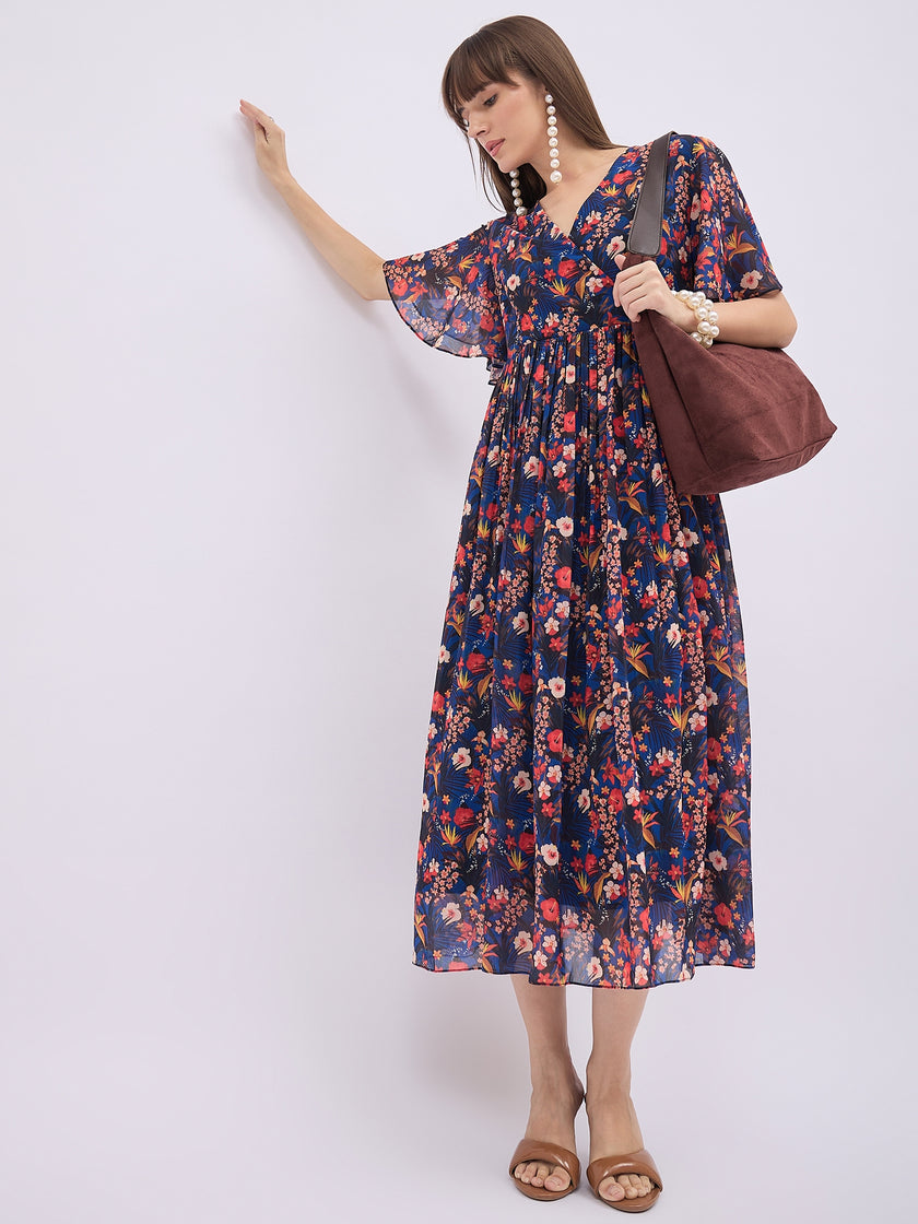 Blue Polyester Printed Flared Sleeves Floral Dress