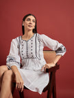 White Cotton Embroidered Puff Sleeves Floral Dress