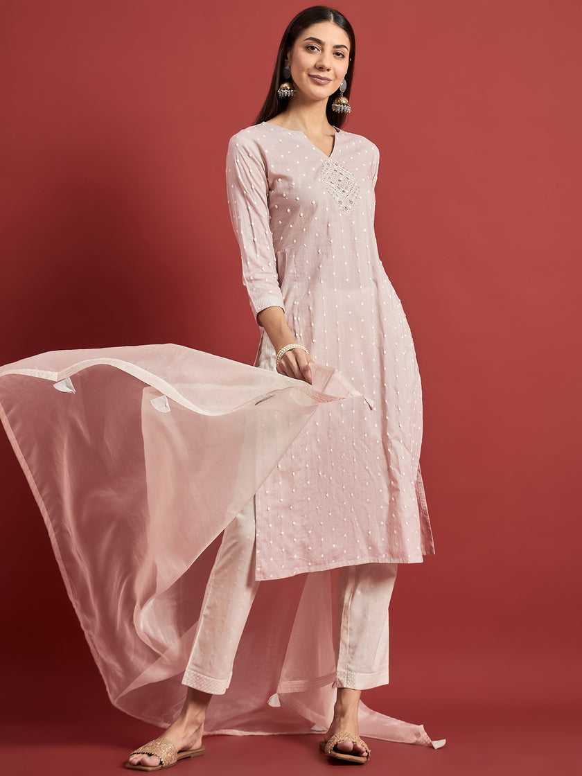 Grey  Cotton Blend Printed A-Line Kurta  Trouser